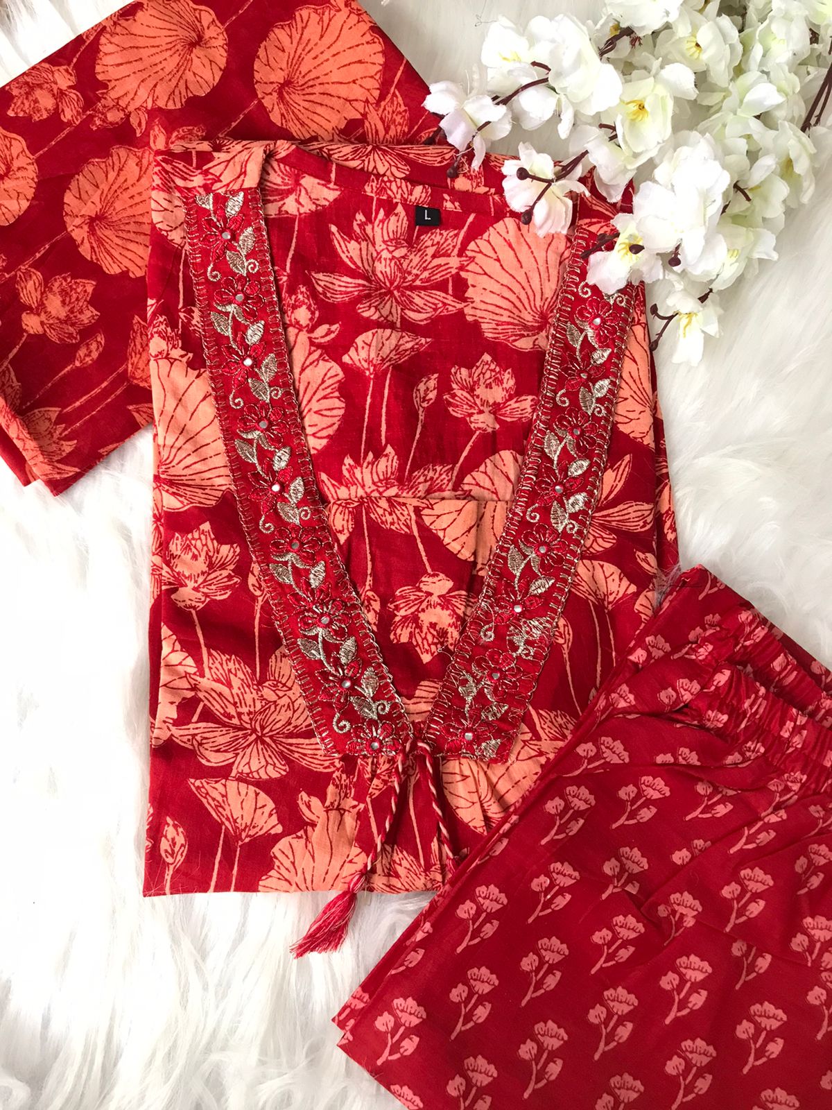 Vt Designer Red Printed Cotton Designer Kurti With Bottom Dupatta Wholesale Shop In Surat
